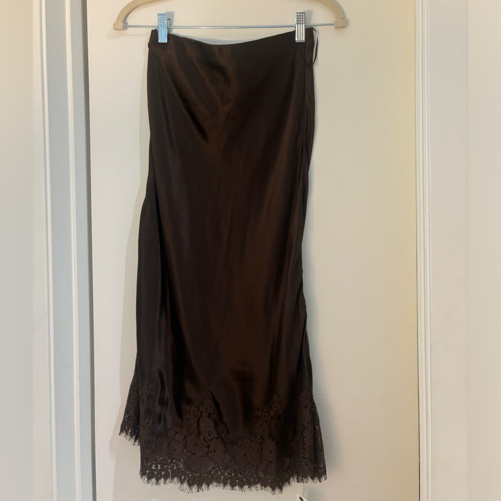 Reformation Brown Satin Slip Skirt with Lace Trim - Picture 3 of 5